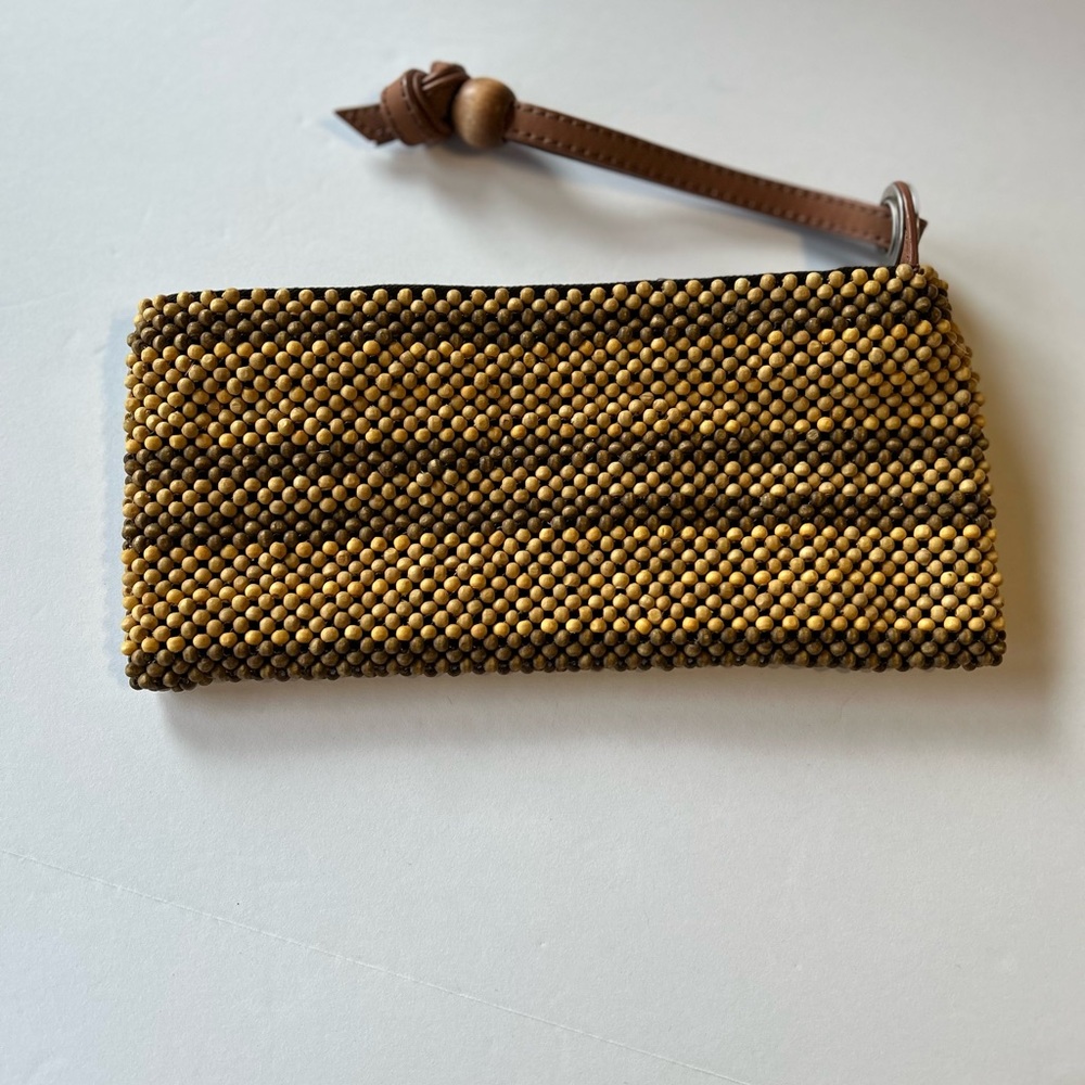 Express BrownTan Small Wooden Beaded Clutch Vintage Boho Retro